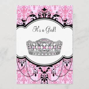 Invitación Pink Tiara Black Damask Baby Shower