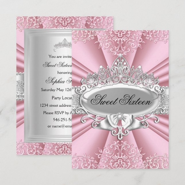 Invitación Pink Tiara Damask Sweet Dieciséis Fiestas (Anverso / Reverso)