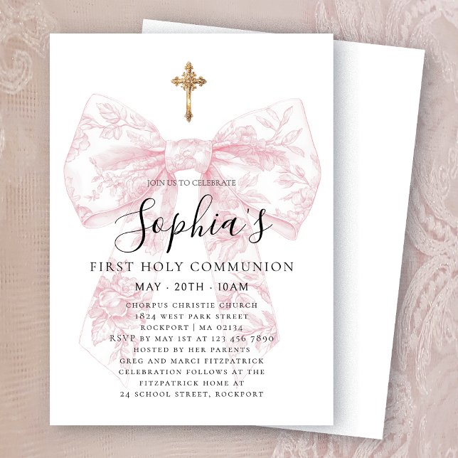 Invitación Pink Toile Bow Cross Girl First Communion (Subido por el creador)