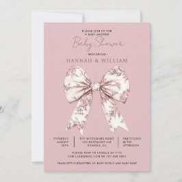 Invitación Pink Toile Bow Ribbon Girl Baby Shower