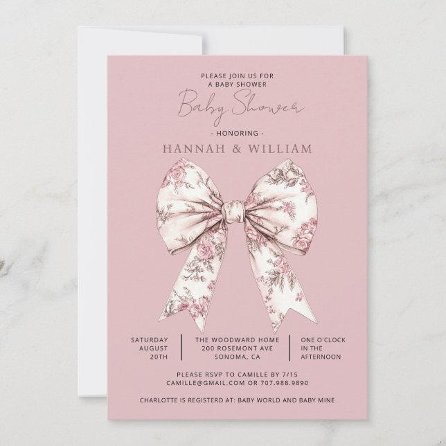 Invitación Pink Toile Bow Ribbon Girl Baby Shower (Anverso)