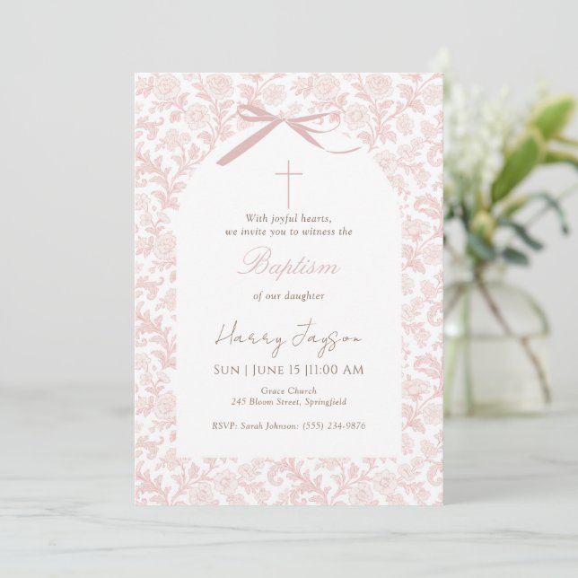 Invitación Pink Toile Classic Christian Girl Christening (Anverso de pie)