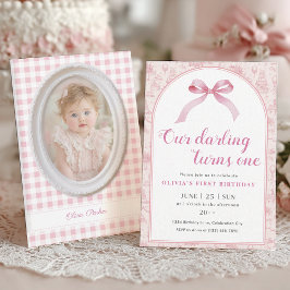 Invitación Pink Toile Coquette Bow Primer Chica de cumpleaños