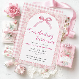 Invitación Pink Toile Coquette Bow Primer Chica de cumpleaños