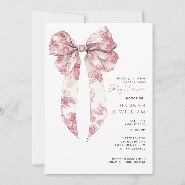 Invitación Pink Toile Coquette Ribbon Girl Baby Shower (Anverso)