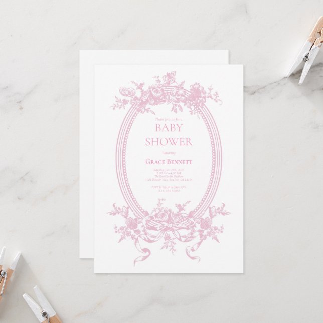 Invitación Pink Toile de Jouy Baby Shower (Anverso/Reverso In Situ)