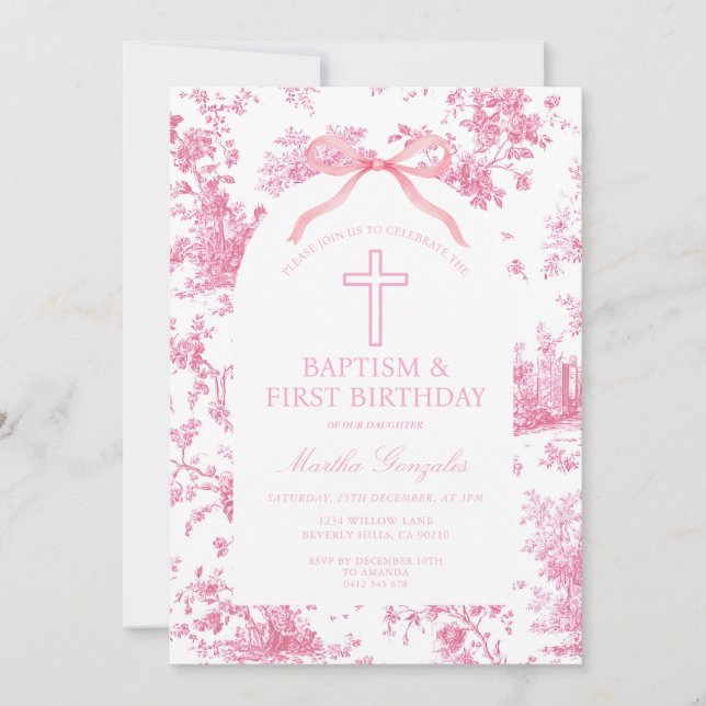 Invitación Pink Toile de Jouy Baptism & First Birthday Bow  (Anverso)