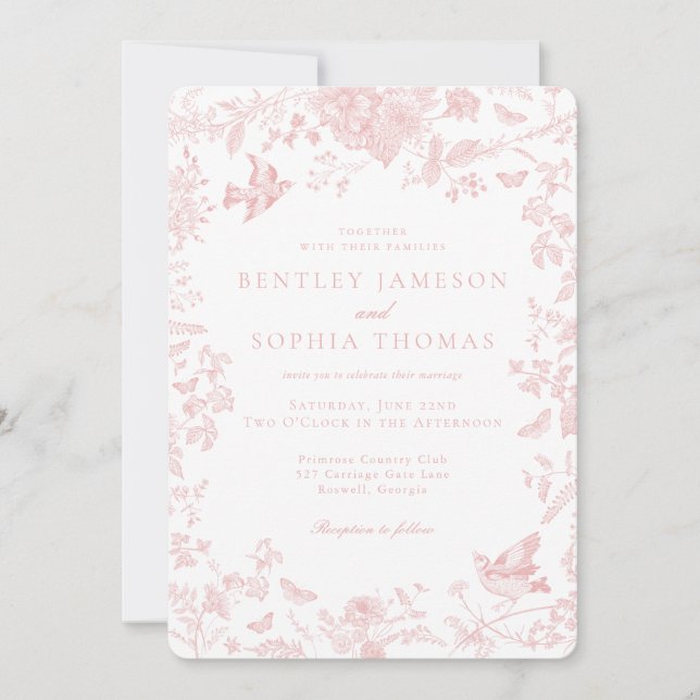 Invitación Pink Toile De Jouy Boda floral francés (Anverso)
