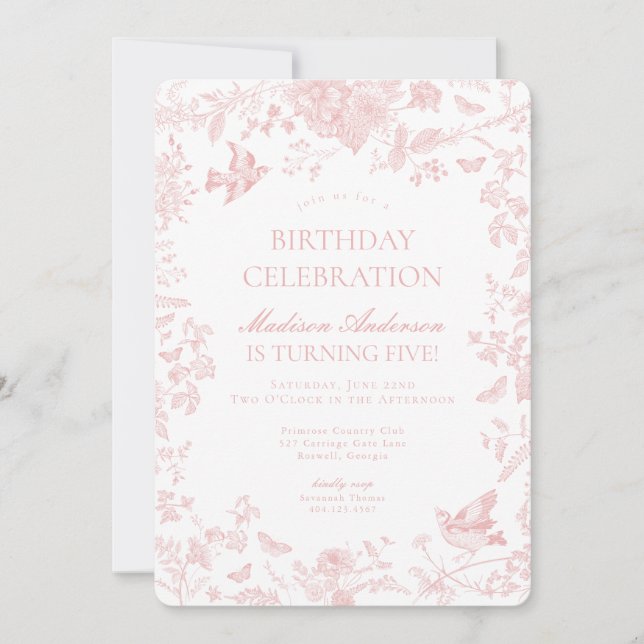 Invitación Pink Toile De Jouy fiesta de cumpleaños floral fra (Anverso)