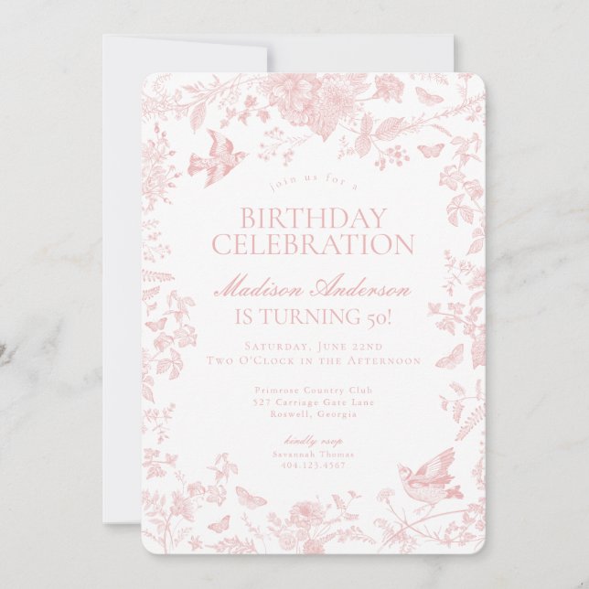 Invitación Pink Toile De Jouy fiesta de cumpleaños floral fra (Anverso)