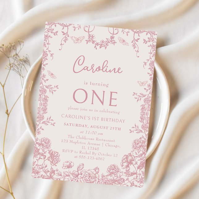 Invitación Pink Toile Floral Chinoiserie Primer cumpleaños (Subido por el creador)