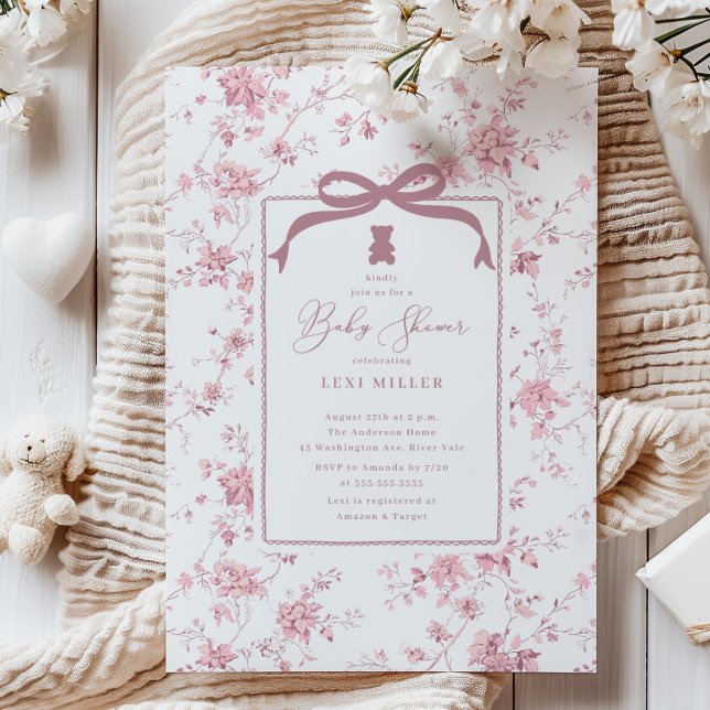Invitación Pink Toile Teddy Bear Baby Shower (Subido por el creador)