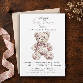 Invitación Pink Toile Teddy Bear Girl Baby Shower