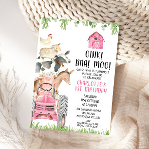 Invitación Pink Tractor Farmyard Oink Baa Moo Farm Birday