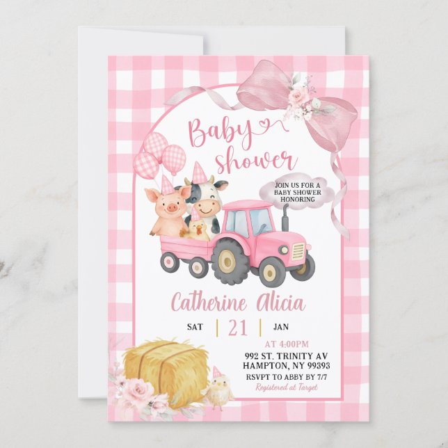 Invitación Pink Tractor Gingham Coquette Farm Baby Shower (Anverso)