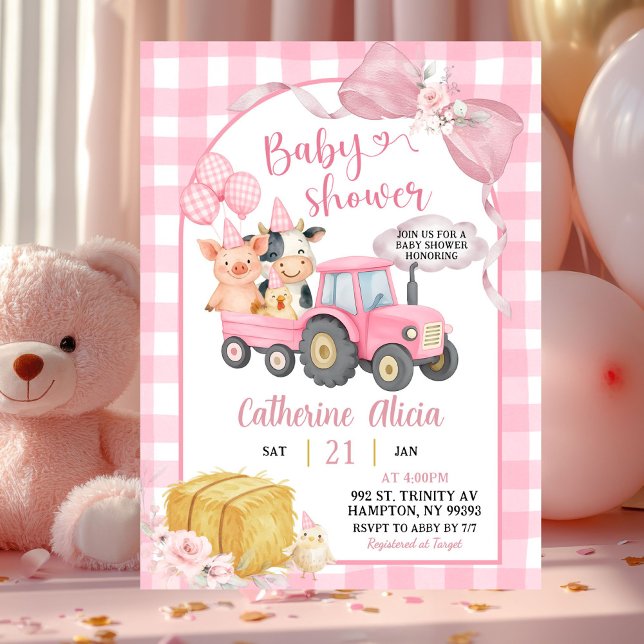 Invitación Pink Tractor Gingham Coquette Farm Baby Shower (Subido por el creador)