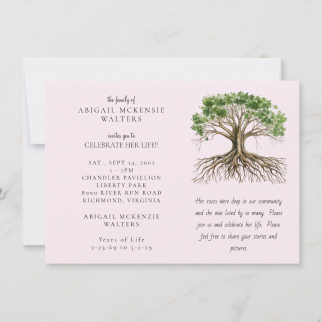 Invitación Pink Tree of Life Deep Roots Celebration of LIfe (Anverso)