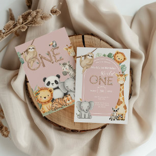Invitación Pink Tropical Wild One Jungle Safari Animales