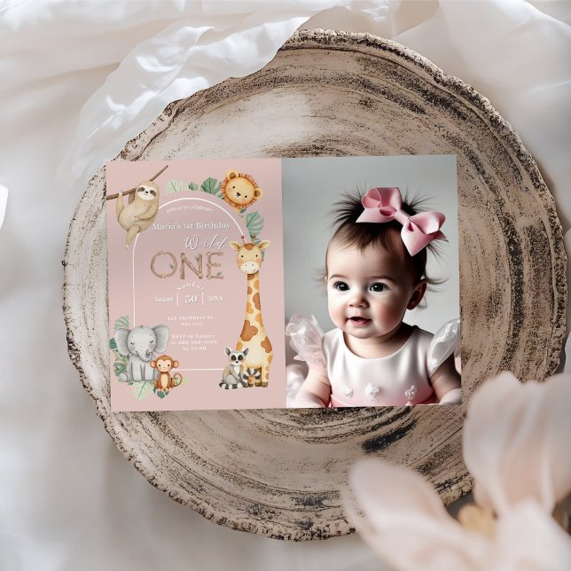 Invitación Pink Tropical Wild One Jungle Safari Animales (Subido por el creador)