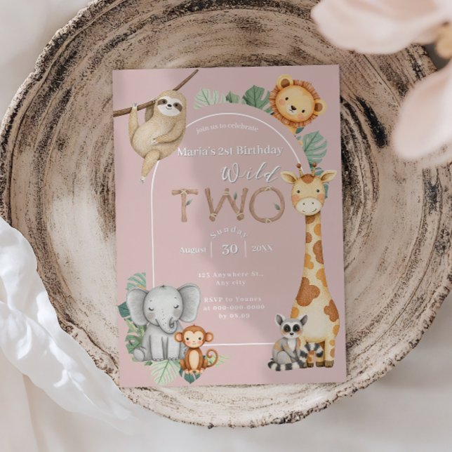 Invitación Pink Tropical Wild Two Jungle Safari Animales (Subido por el creador)