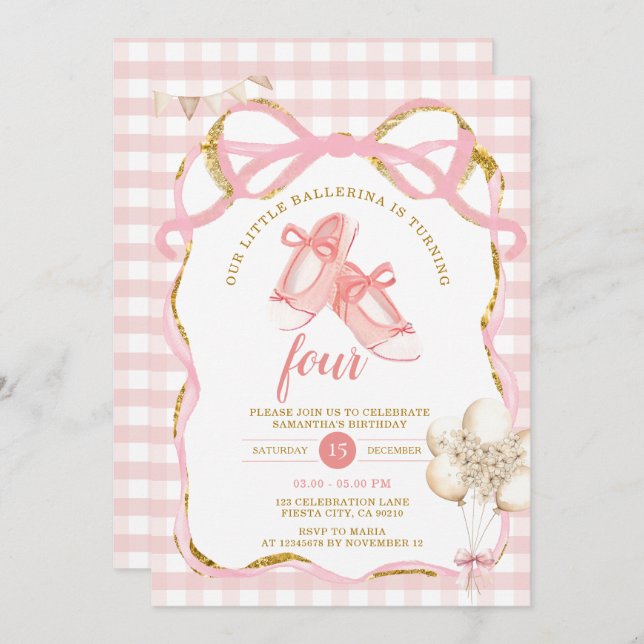Invitación Pink Tutu Ballerina Gingham Birthday (Anverso / Reverso)