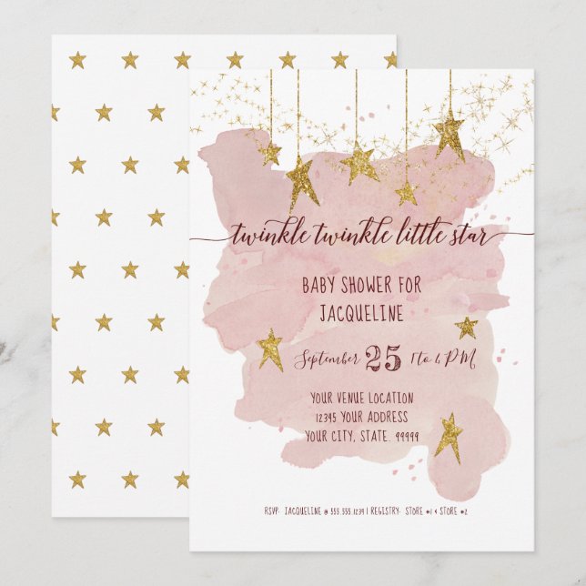 Invitación Pink Twinkle Little Star Gold Chica Baby Shower (Anverso / Reverso)