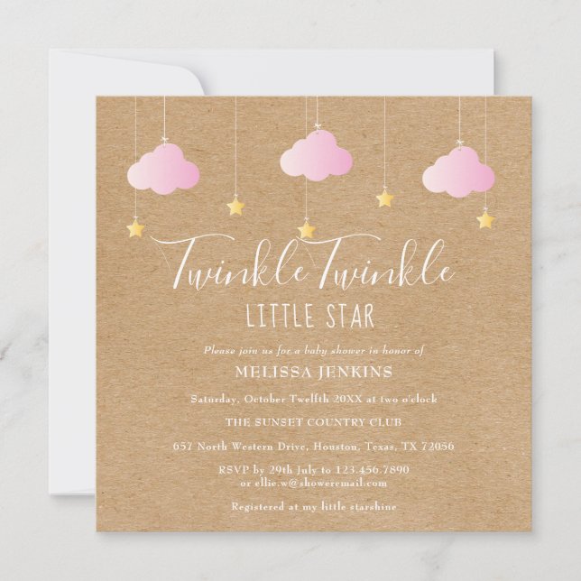 Invitación Pink Twinkle Twinkle Little Star Baby Shower Boho (Anverso)