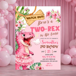 Invitación Pink Two Rex On The Loose Third Birthday