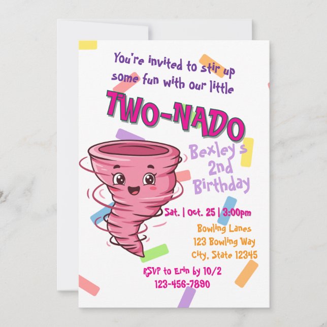 Invitación Pink TwoNado, 2nd birthday invitation (Anverso)