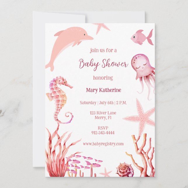 Invitación Pink Under Sea baby Shower (Anverso)