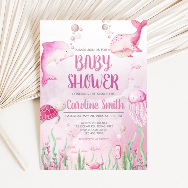 Invitación Pink Under the Sea Baby Shower (Summer Baby Shower Invitation)