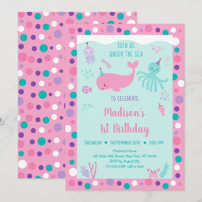 Invitación Pink Under the Sea Nautical Whale Cumpleaños (Anverso / Reverso)