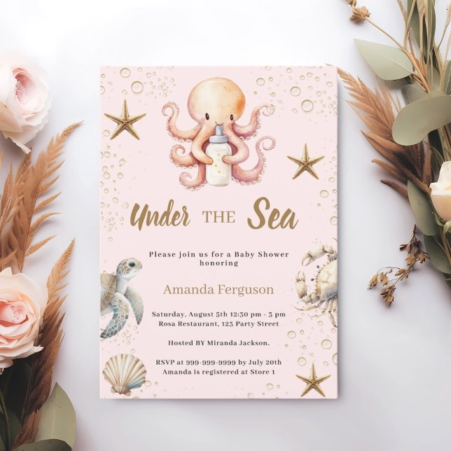 Invitación Pink under the sea ocean animals girl Baby Shower (Subido por el creador)