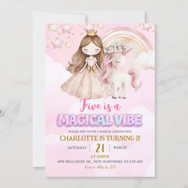 Invitación Pink Unicorn Five Is A Magical Vibe Birthday (Anverso)