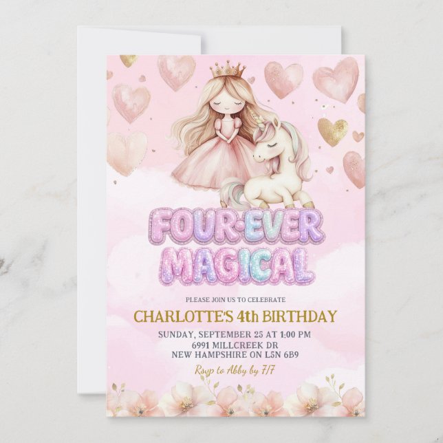 Invitación Pink Unicorn Four ever Magical Fourth Birthday (Anverso)