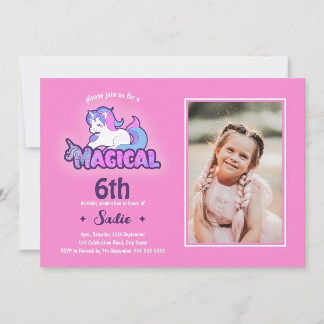 Invitación Pink Unicorn mágico Cualquier Edad Foto de cumplea (Anverso)