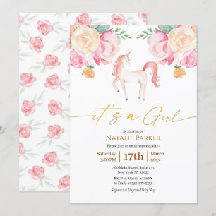 Invitación Pink Unicornio Floral Watercolor Bebé Shower