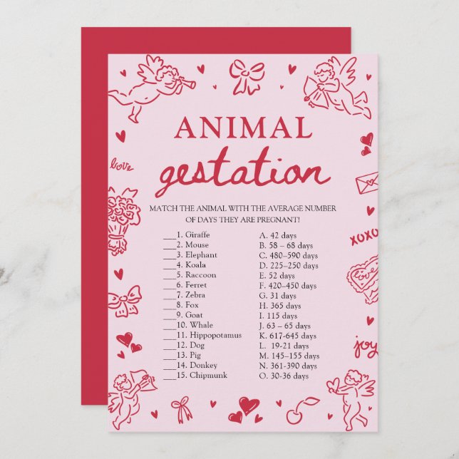 Invitación Pink Valentine Animal Gestation Baby Shower Game (Anverso / Reverso)