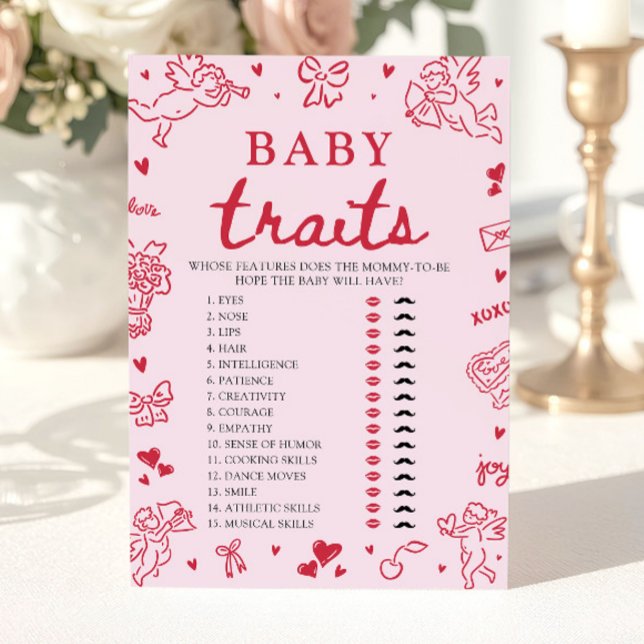 Invitación Pink Valentine Baby Traits Baby Shower Game (Pink Valentine Baby Traits Baby Shower Game)