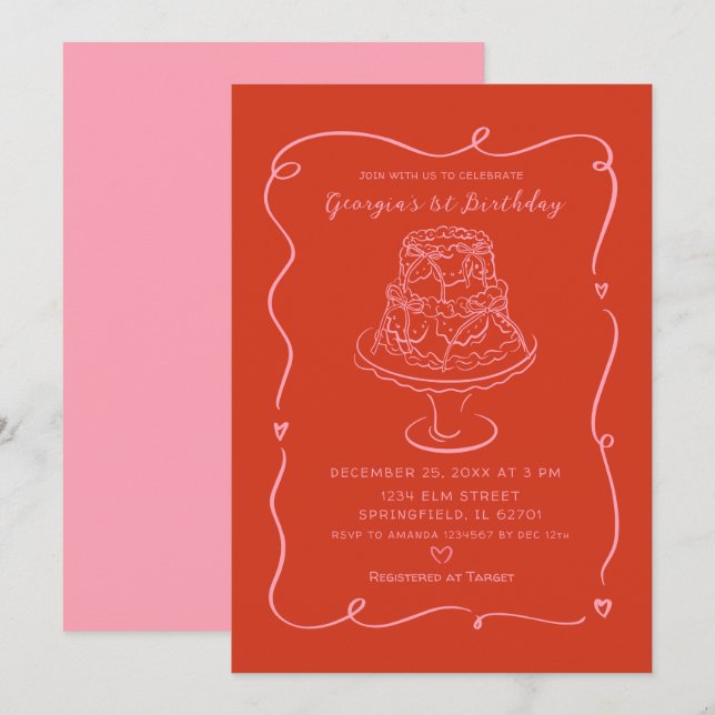 Invitación Pink Valentine Conquette Bow Chica primer cumpleañ (Anverso / Reverso)