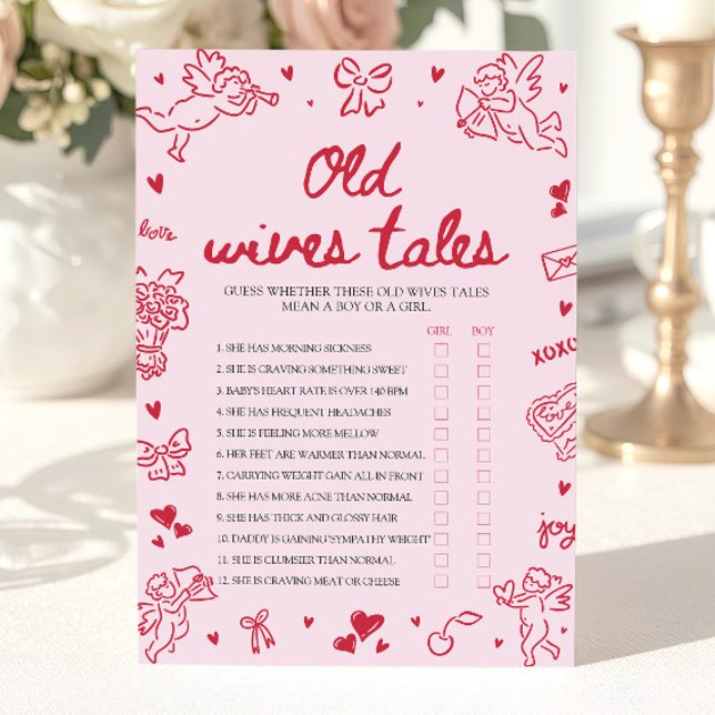 Invitación Pink Valentine Old Wives Tales Baby Shower Game (Pink Valentine Old Wives Tales Baby Shower Game)