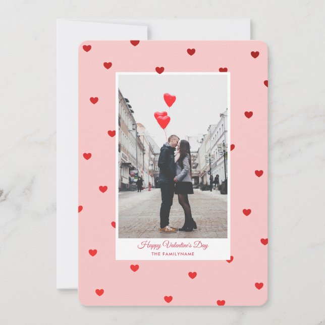 Invitación Pink Valentine’s Day photo card with red hearts (Anverso)