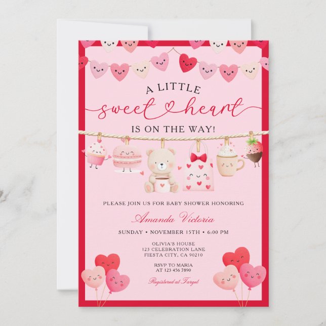 Invitación Pink Valentine Sweetheart Gift Bear Baby Shower (Anverso)