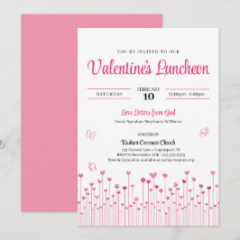 Invitación Pink Valentine's Church Luncheon Heart Flowers