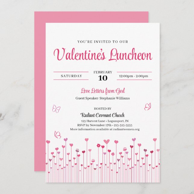 Invitación Pink Valentine's Church Luncheon Heart Flowers (Anverso / Reverso)