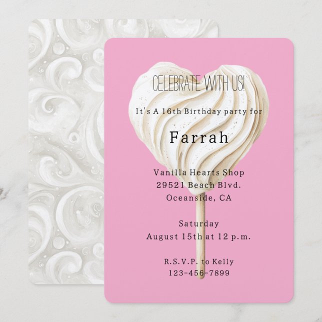 Invitación Pink Vanilla Heart Birthday  (Anverso / Reverso)