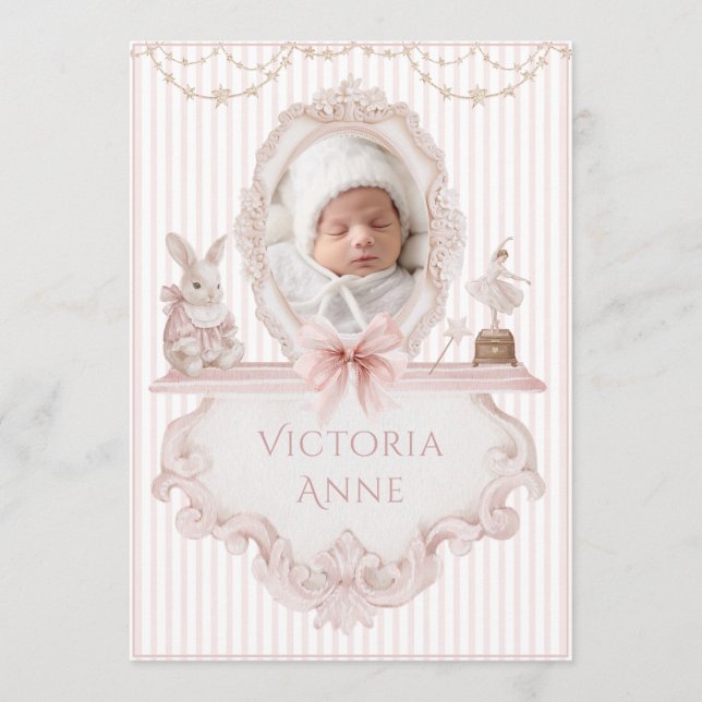 Invitación Pink Vintage Elegant Baby Girl Birth Announcement (Anverso)