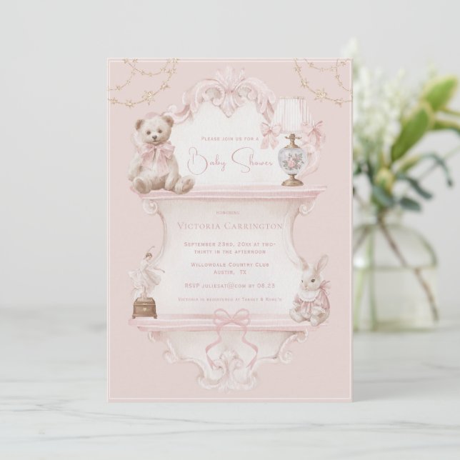 Invitación Pink Vintage Elegant Baby Shower (Anverso de pie)