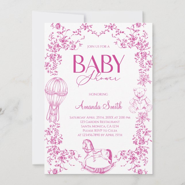 Invitación Pink Vintage Elegant Floral Baby Shower (Anverso)