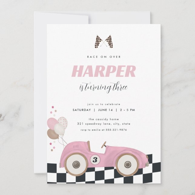 Invitación Pink Vintage Race Car Girl Birthday Invite  (Anverso)